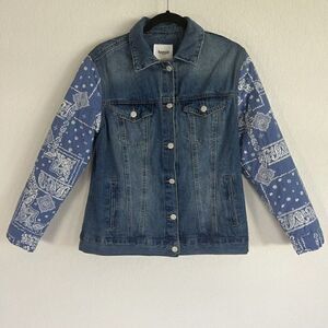 Kensie Vintage Luxe Jean Jacket Blue Pippa Bandana Quilted Paisley sleeve Small